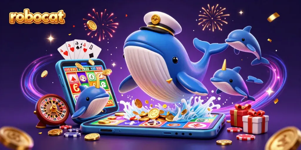 Win big with robocat in this vibrant 3D casino scene filled with lively game elements.