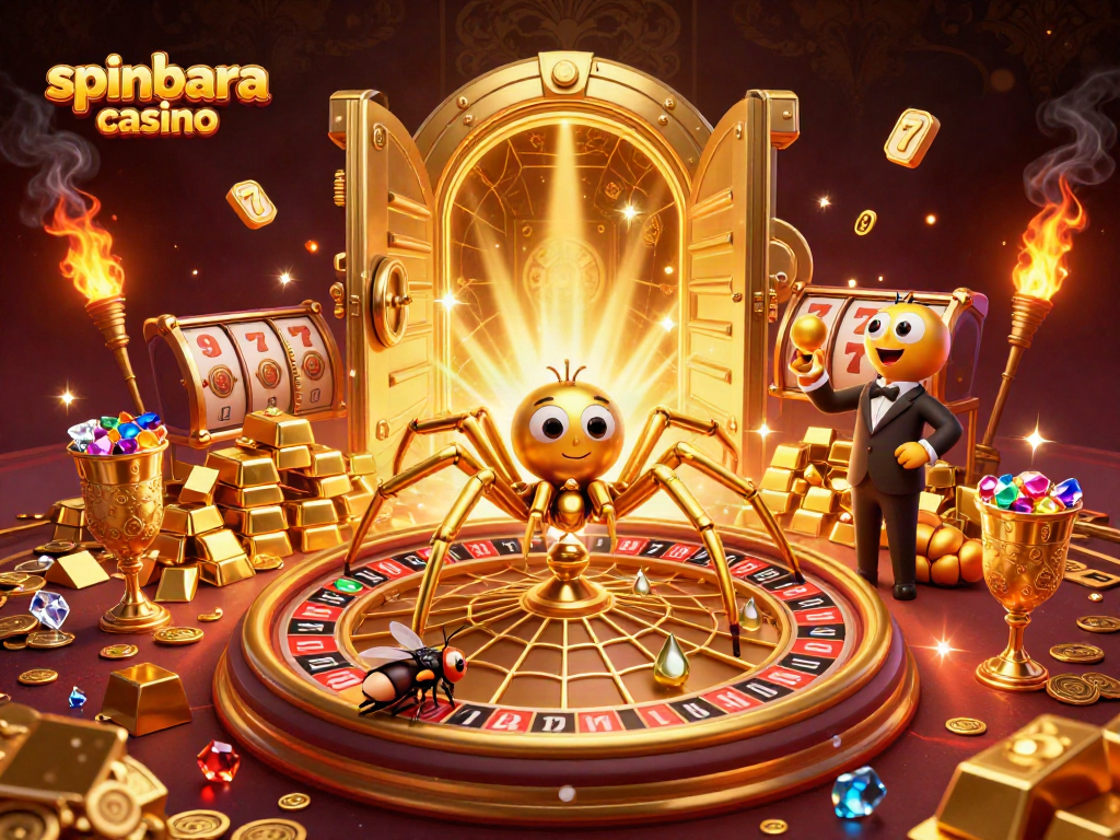 Experience thrill at Spinbara Casino, featuring lively games and vibrant gold elements.