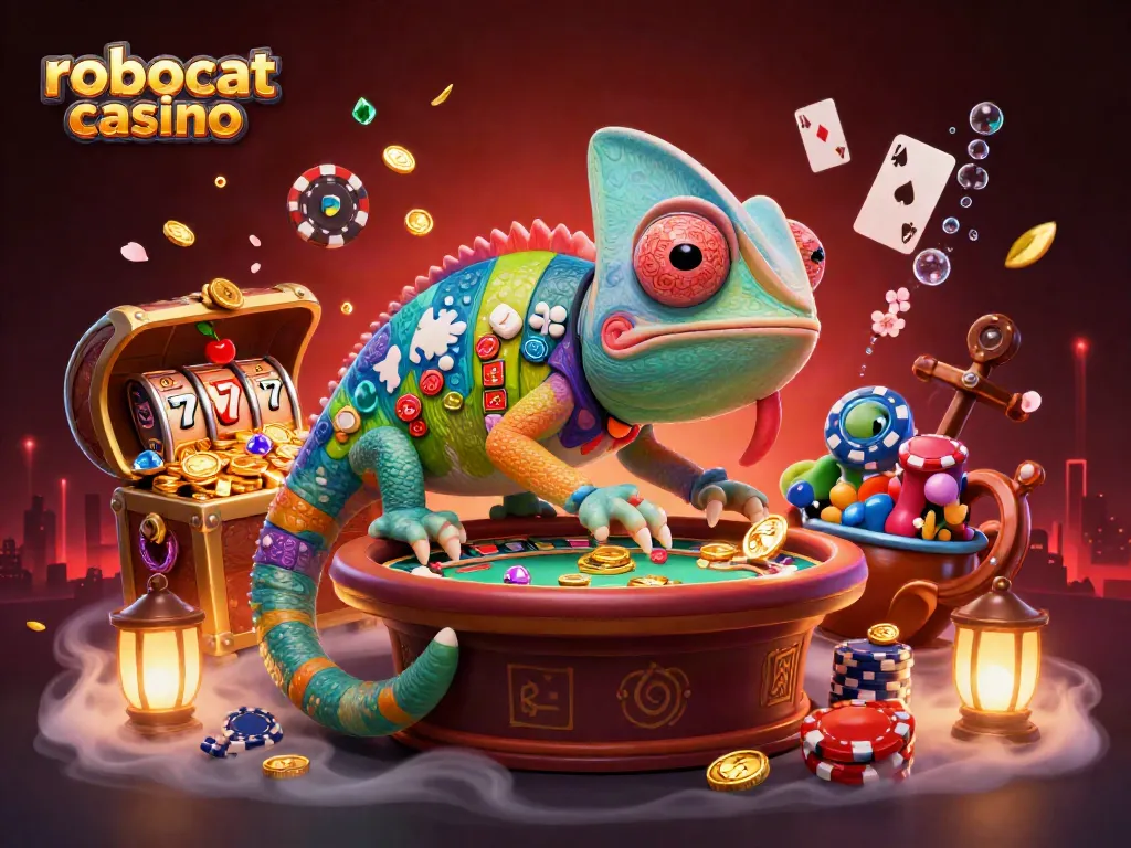 Engage in excitement at Robocat Casino, featuring a vibrant chameleon and colorful gaming elements.