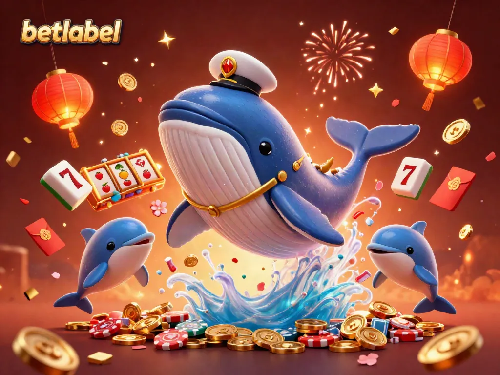 Place bets with Betlabel as a giant whale breaches through coins alongside vibrant casino elements.