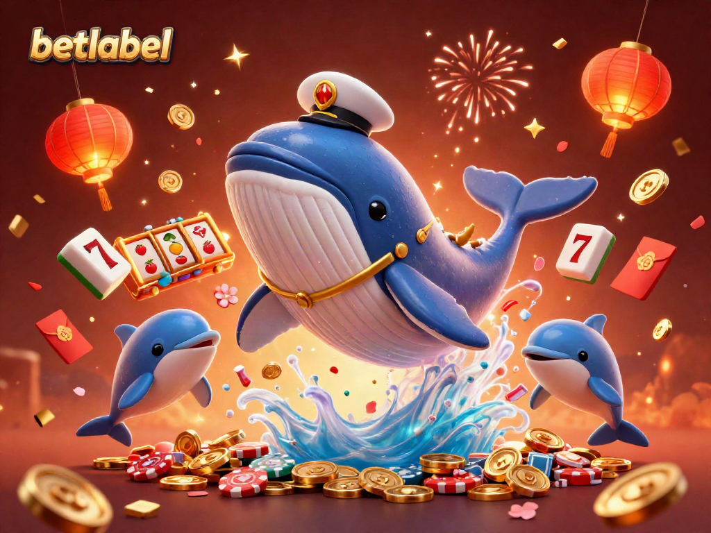 Place bets with Betlabel as a giant whale breaches through coins alongside vibrant casino elements.