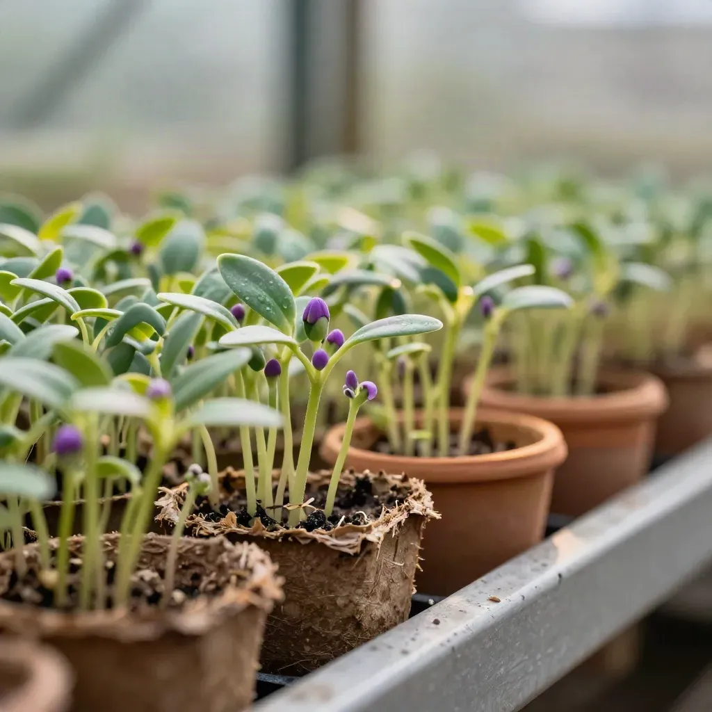 Plántulas de campánula en celdas biodegradables junto a macetas vacías, con luz de atardecer.