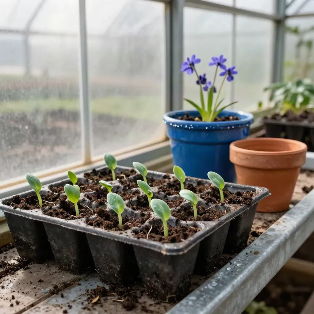 Bandejas de semillas con brotes de primavera en un invernadero húmedo y luminoso.
