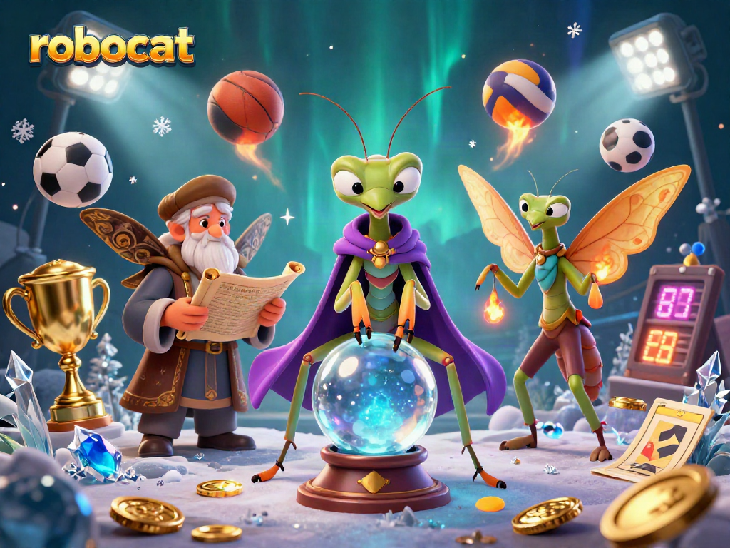 Engaging robocat scene with dynamic sports elements and fortune-telling characters in an online casino