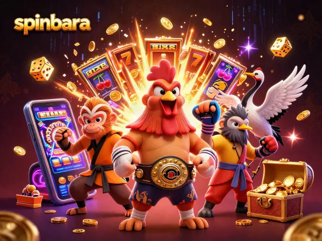 Spinbara casino bursts with excitement as characters celebrate a jackpot win, surrounded by vibrant gaming elements.