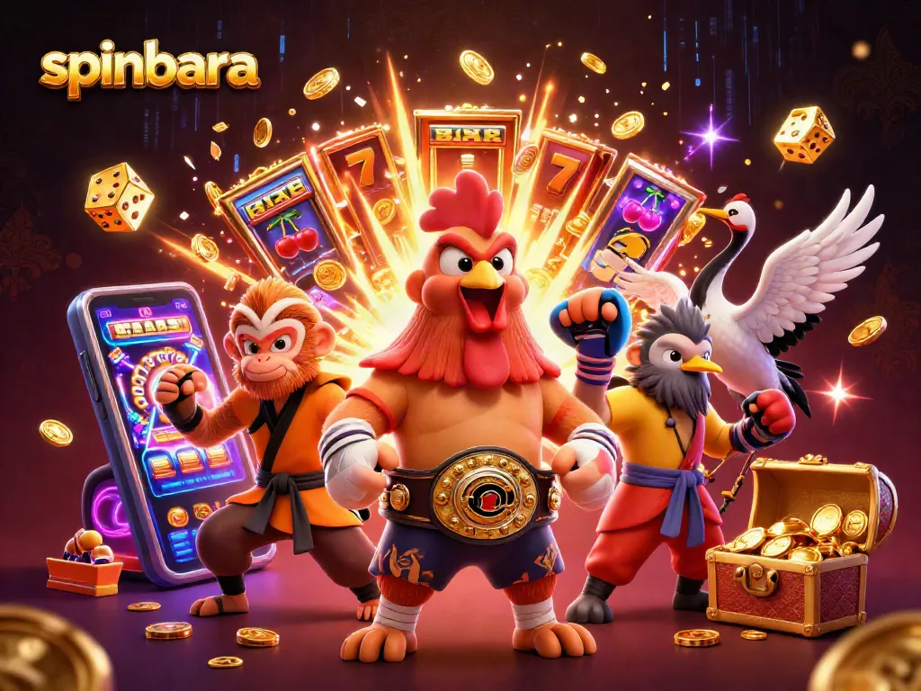 Spinbara casino bursts with excitement as characters celebrate a jackpot win, surrounded by vibrant gaming elements.